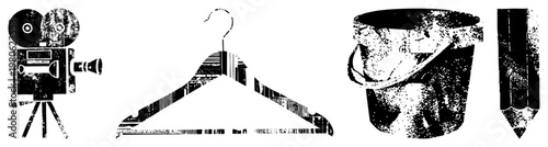 Classic film camera on, wooden hanger, textured bucket, pencil retro graphic symbols for, fashion, art, or utility.