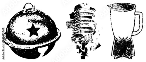 Classic kitchen appliances rendered in halftone style dinner bell with star, vintage mic, blender jar. Retro kitchen tools, vintage cookware, analog kitchen gear.