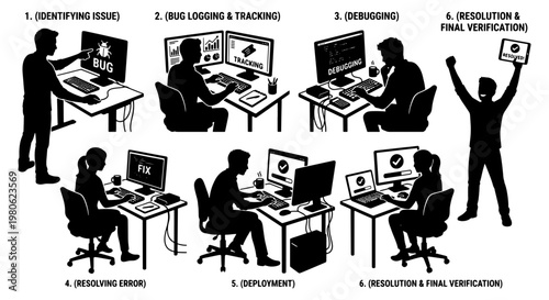 Software bug lifecycle vector set, programmer debugging and resolution process silhouettes, IT development workflow icons for bug tracking and deployment