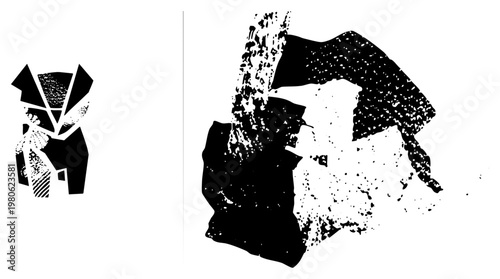 Bold black shapes with gritty texture, stylized graphic forms, vector art, isolated design elements, halftone grain, modern minimalism.