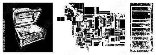 Antique wooden chest revealing empty interior, pirate loot container, ornate trunks, pirate treasure box, classic storage chest.