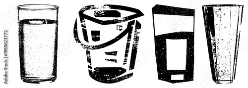 Graphic illustration of four distinct glasses filled with liquid, halftone texture, vector art, beverage containers, drinkware, minimalist drink symbols.