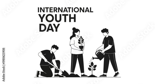 Young people planting trees together for International Youth Day celebration.