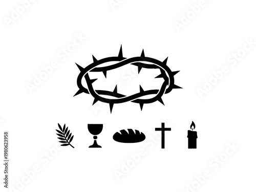 Holy Week religious icons set including crown of thorns and chalice