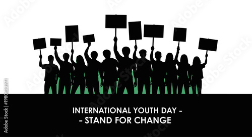 Silhouette group of young people protesting with blank placards for social change.