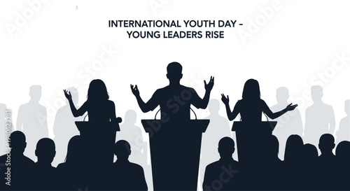 Silhouettes of young speakers addressing a crowd at a podium.