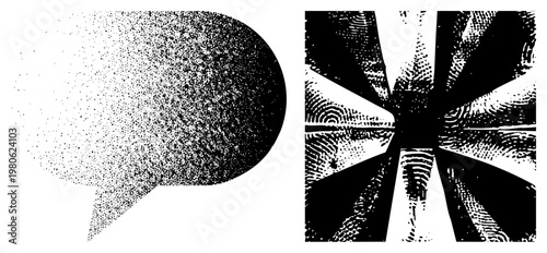 Black and white halftone speech bubble gradient and radial starburst, vector graphic design, modern minimalist art, graphic illustration elements.