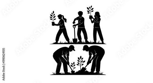 Group of volunteers planting trees and saplings in the garden.