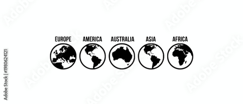 World map icons of five continents with text labels