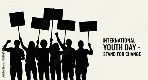 Silhouette of young people protesting with signs for International Youth Day.