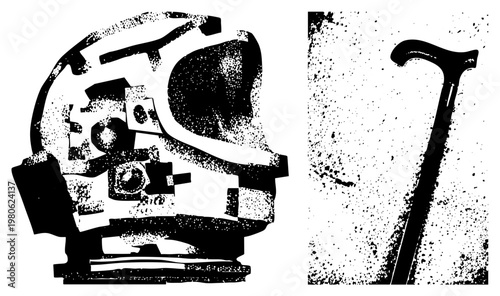 Retro typewriter with dot matrix texture, mechanical keyboard, classic writing tool, paired with elegant walking cane, vector design.