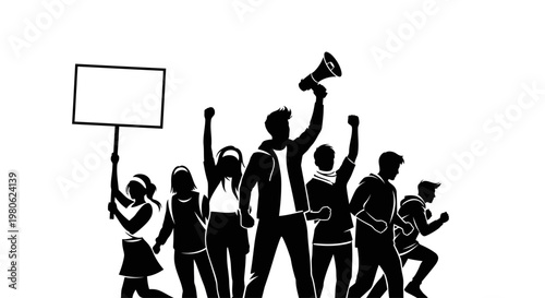 Silhouette of a diverse group of young protesters holding a sign and a megaphone.