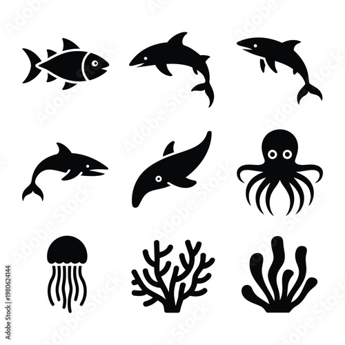 Bild auf Leinwand Marine wildlife silhouettes collection, fish school, dolphin, octopus, jellyfish