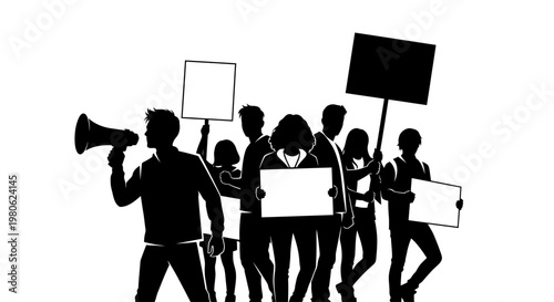 Silhouette of a diverse group of people protesting with signs and megaphone.