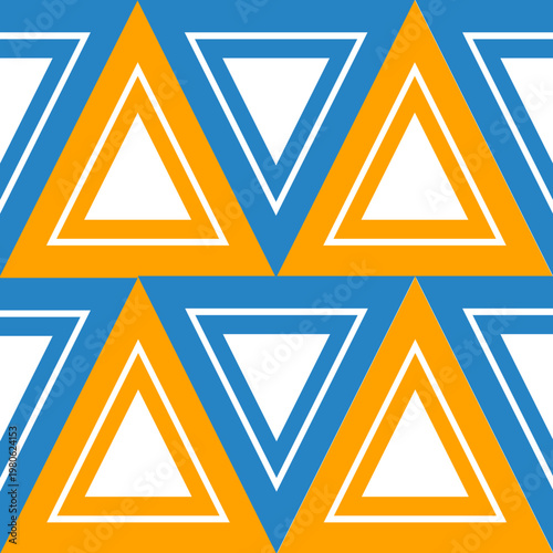 A vibrant geometric seamless pattern consisting of bold orange and blue alternating triangles with crisp white outlines.