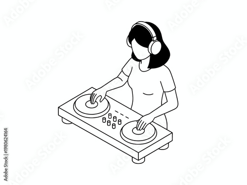 Female DJ mixing music on turntable isometric line art
