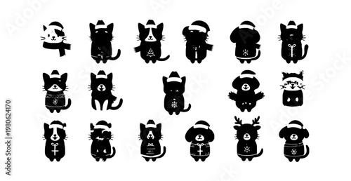 Christmas pets set cute cats and dogs in festive costumes with gifts vector illustration