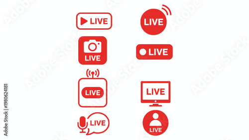 Red live streaming icons set for video broadcasting