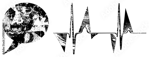 Distressed halftone speech bubble with abstract texture, paired with stylized heartbeat waveform, vector art, gritty design, medical or communication theme.