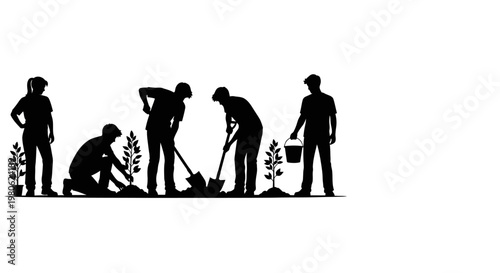 Silhouette of a group of people planting trees in a garden.