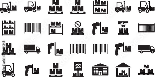 Logistics and transportation icons in black and white illustration