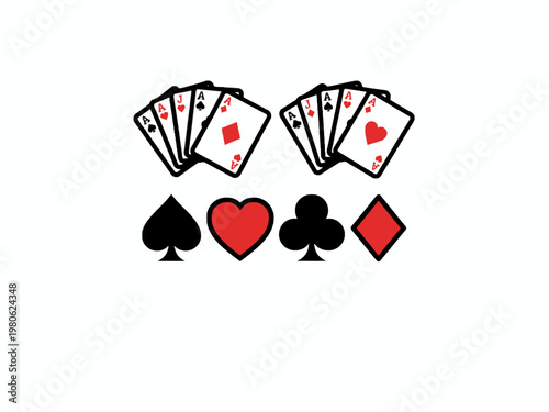 Playing card icons with ace hand sets and four card suits