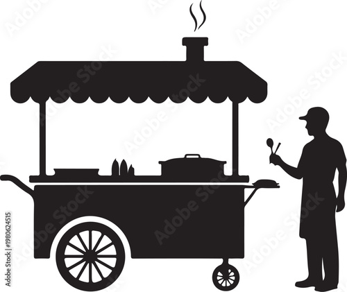 Black silhouette of man cooking at food cart with awning