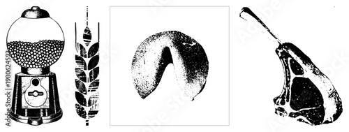 Retro gumball dispenser, stylized wheat stalk, fortune cookie, rib bone sketch all isolated vector graphics in halftone style.