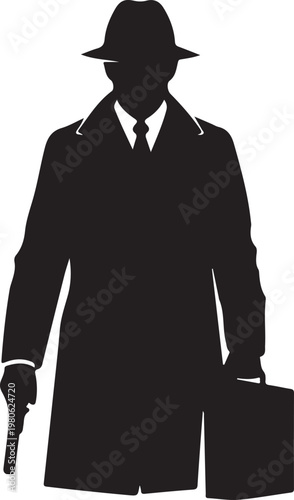 Black silhouette of man in hat holding gun and briefcase