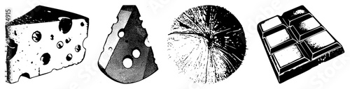 Classic cheese wedge with holes, chocolate bar grid, halftone cheese slice, retro food graphics, food.