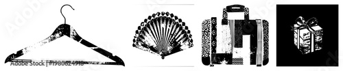 Retro styled clothing hanger, ornate fan, suitcase, wrapped gift box vector with distressed texture, ideal for graphic design, branding, or UI elements.