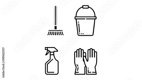 Cleaning Essentials: A set of essential cleaning tools arranged neatly, designed in simple line art. It’s perfect for illustrating cleanliness, hygiene, and domestic upkeep.