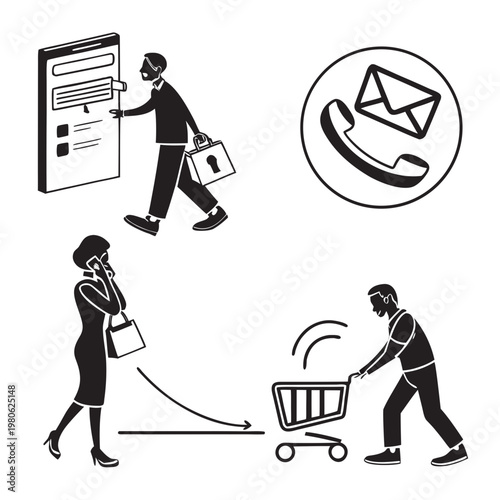 A vector graphic illustration of people engaging in various business activities with a shopping cart and communication symbols