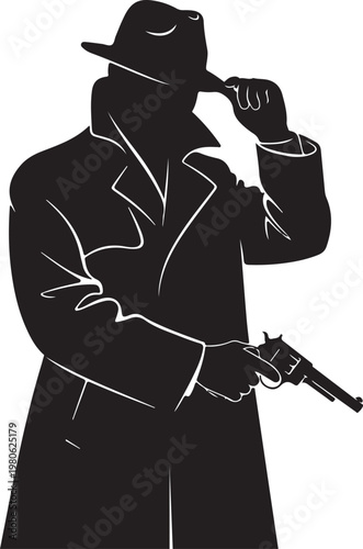 Black silhouette of man in trench coat and fedora holding gun and smoking cigarette