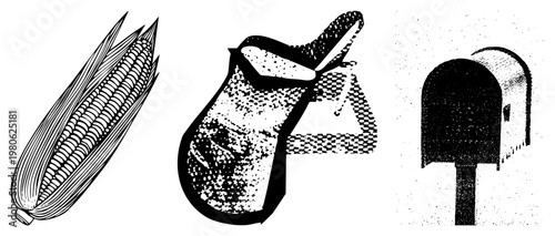 Black and white halftone vector illustrations of corn cob, sandal, and mailbox, stylized with dotted textures and bold, isolated graphic elements.
