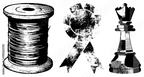 Wooden thread spool, award ribbon, chess queen piece rendered in halftone, vector graphic, black and white, isolated design elements.