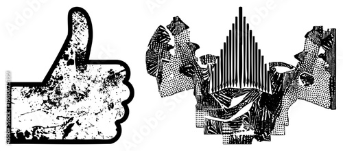 Grungy halftone thumbs up, stylized organ pipes with textured fragments, vector art, isolated design elements, retro aesthetic, graphic illustration.