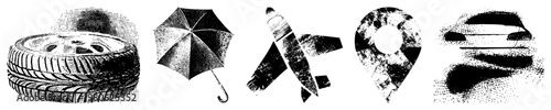 Vintage halftone vector tire, umbrella, airplane, map pin, car, stylized. Also called dot art, stipple, screen print, halftone raster, pixelated silhouette.