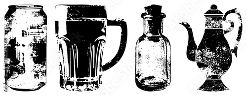 Set of classic drinkware including soda can, beer mug, glass bottle, and coffee pot, rendered in gritty halftone style, ideal for retro branding or packaging design.
