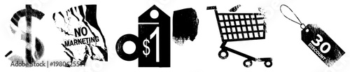 Graphic for sales, discounts, and commerce, featuring dollar signs, “No Marketing” banner, 1 tag, shopping cart, and 30% discount tag, halftone texture, vector style.