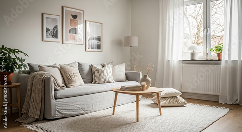Cozy Living Room with Gray Sofa and Wooden Coffee Table white walls framed potted plants