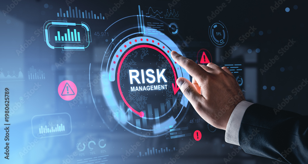 Fototapeta premium Digital risk management interface with hand interacting through futuristic dashboard elements highlighting warnings, analytics, and strategic control systems..