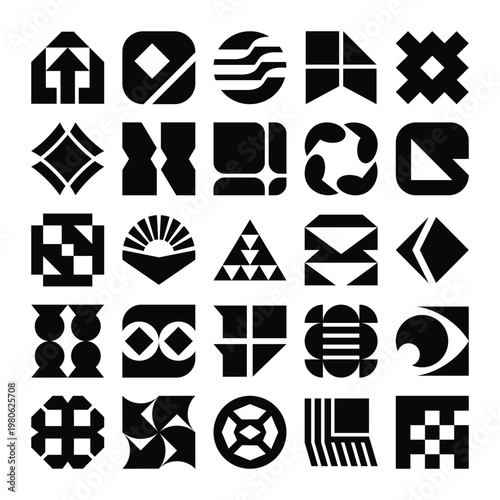 Geometric logo collection with bold black shapes and modern minimalist style	