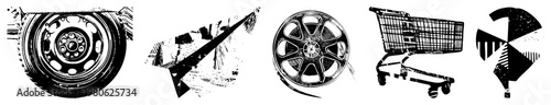 Stylized black/white vector (tire, paper plane, film reel, cart, windmill) with grain texture. UI/branding graphic elements.