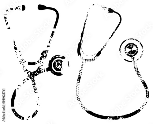 Black and white stethoscope graphic with grunge texture, medical listening instrument, healthcare symbol, doctor’s tool, diagnostic device, clinical, medical emblem.