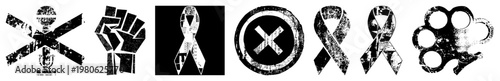 Distressed black and white raised fist, awareness ribbons, knuckle duster, mic, circular X. Urban protest, activism, or street culture symbols with gritty texture.