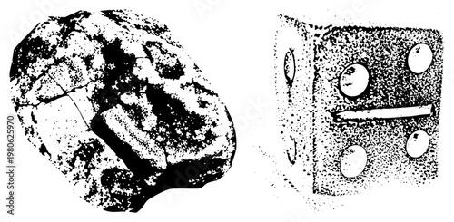 Textured rock and dice rendered in halftone style, speckled shading, vector graphic, isolated foreground, minimalist black and white design.