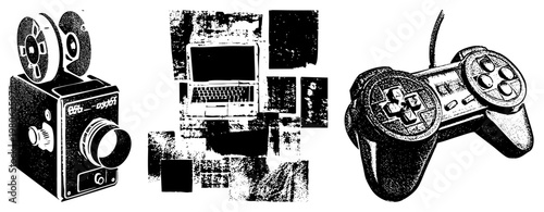 Retro film camera with reels, laptop with keyboard, game controller with analog stick, all rendered in halftone vector style, nostalgic tech collage.
