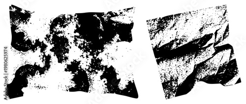 Artistic halftone print textures, stippled graphic elements, abstract ink blot shapes, vector design, visual effects.