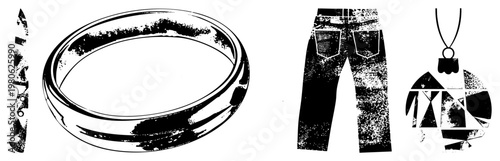 Graphic vector set of ring, knife, jeans, and necklace with halftone texture, fashion accessories, wearable art, design, stylized.